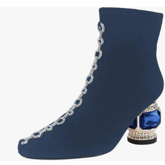 XYD Shoes - XYD Dark Blue Chain Link Closed Toe Ankle Boots Low Chunky Crystal Gem Heel Boot